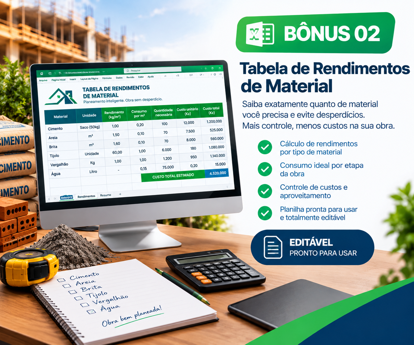 Bónus 02 — Tabela de rendimentos de material.